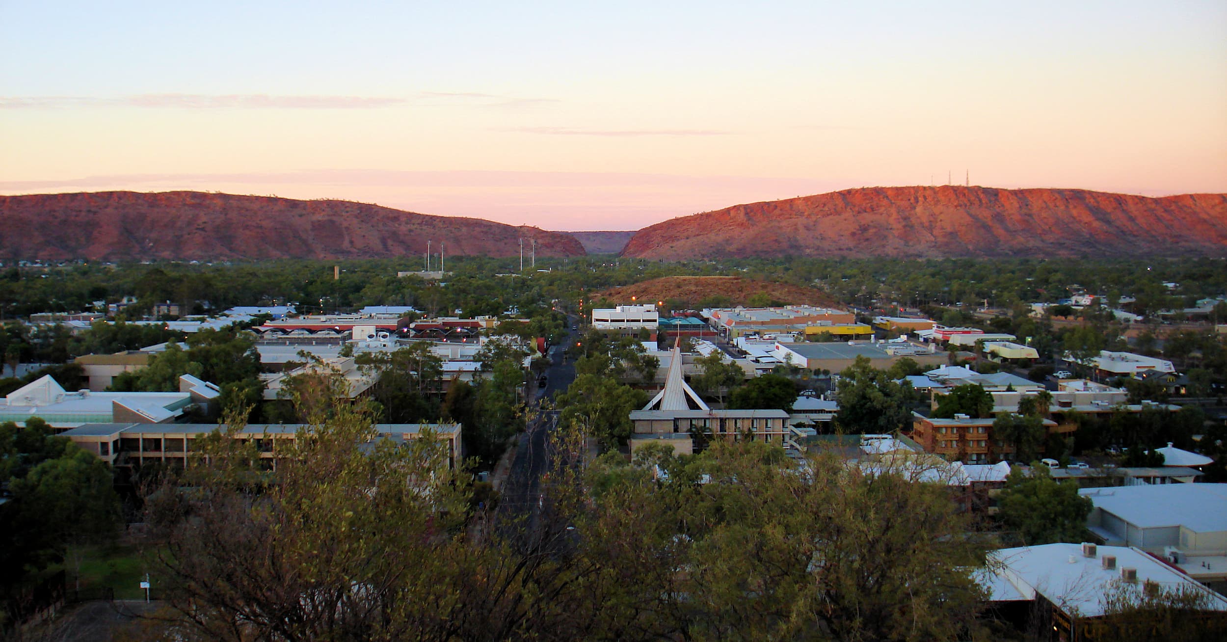 View south over Alice Springs toward Heavitree Gap.