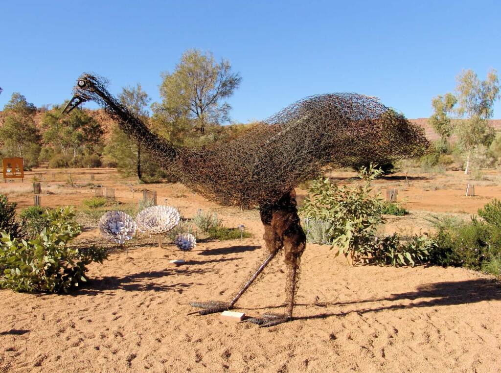 Emu by artist Al Bethune, 2008 Exhibition (Permanent display Olive Pink Botanic Garden, Alice Springs)