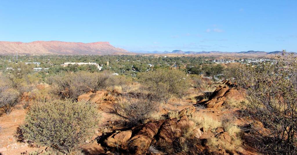 View across Alice Springs to Mount Gillen from Meyer Hill in the Olive Pink Botanic Garden.