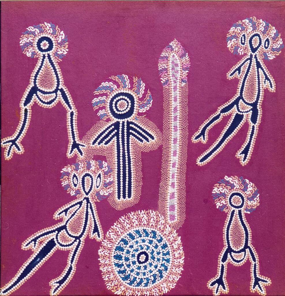 Emu Men Kangaroo Men Aboriginal Man with Spear © Linda Syddick / Source Gallery Gondwana (Cat 1746)