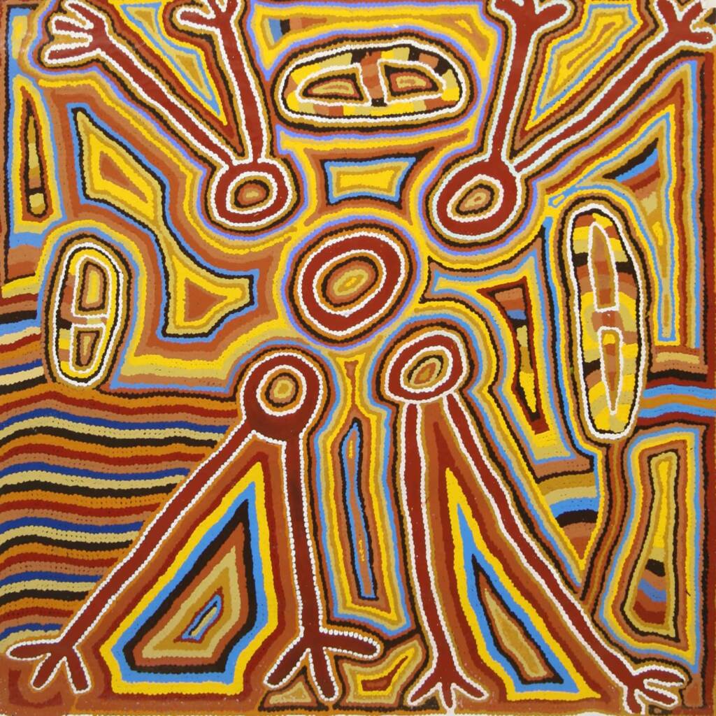 Four Tjungarrayi Emu Men at Walakuritje (a rockhole near Kintore), 1997 © Linda Syddick / Source Gallery Gondwana (Cat 2268LS)
