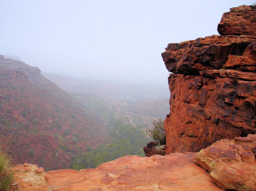 Looking down on rainy morning from Rim Walk, Kings Canyon