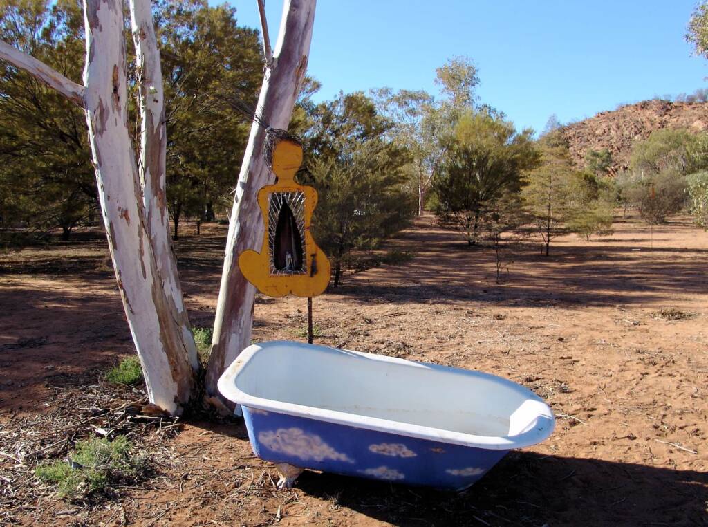 Songline II) Water Stories - Artist Al Bethune - (bonnet cut-out, story wires, aluminium power line, solar panel copper, bath)