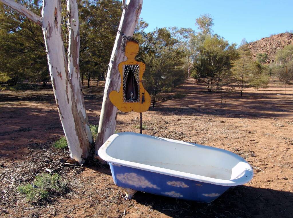 Songline II) Water Stories - Artist Al Bethune - (bonnet cut-out, story wires, aluminium power line, solar panel copper, bath)