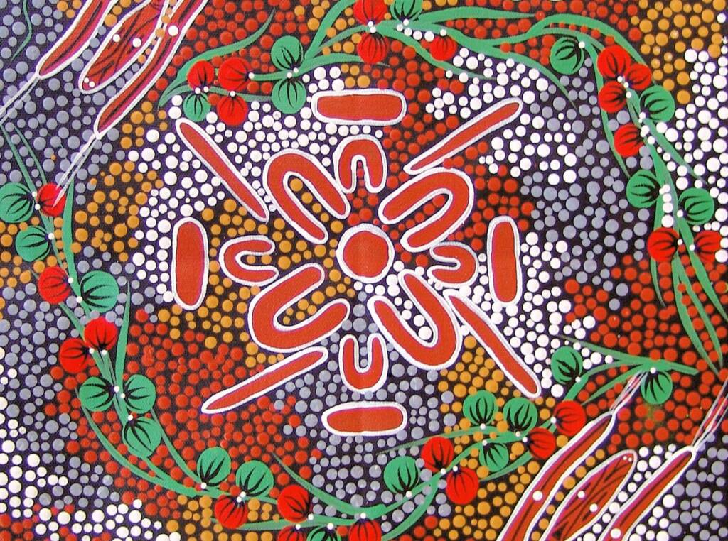 Women teaching children about bush tucker (extract from painting), 2008 ยฉ Trephina Sultan Thanguwa