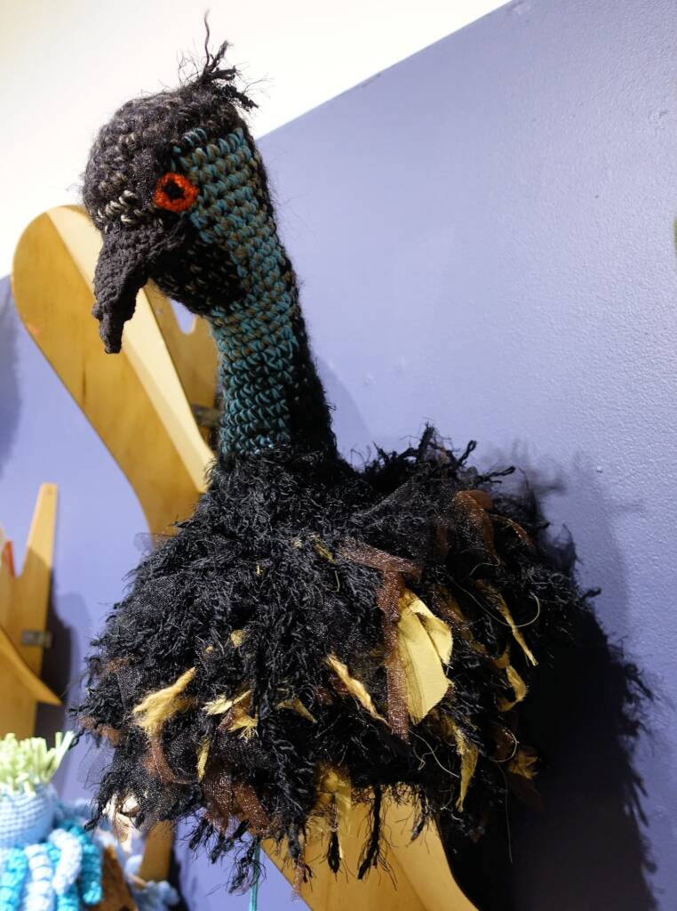 "Emu On My Mind" by artist Sarah Raven, Albion QLD, Alice Springs Beanie Festival, 2018