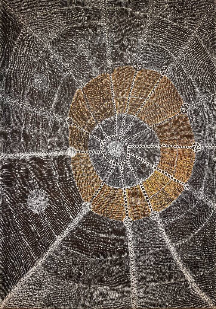 Lukarrara Jukurrpa (Desert Fringe-rush Seed Dreaming by Hilda Nakamarra Rogers