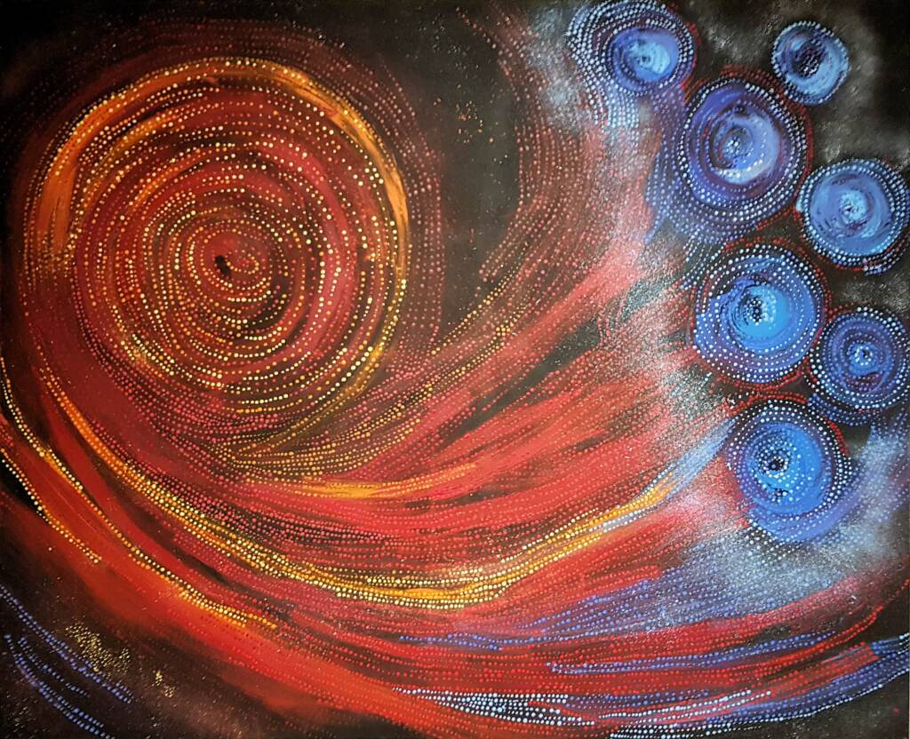 Yanjirlpirri or Napaljarri - Warnu Juikurrpa (Star or Seven Sisters Dreaming) by Athena Nangala Granites, Alice Springs Desert Mob Festival 2018
