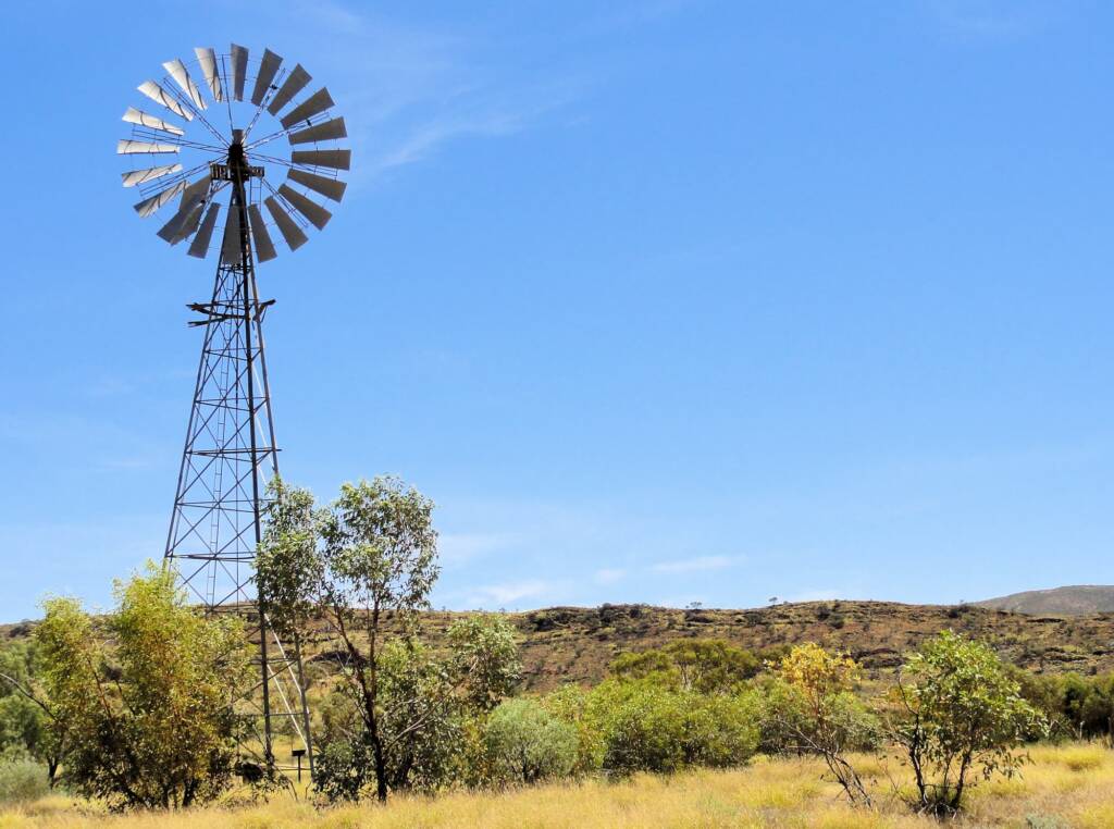 Outback windmill, on Namatjira Drive, just after turnoff from Larapinta Drive, West MacDonnell Ranges / Tjoritja