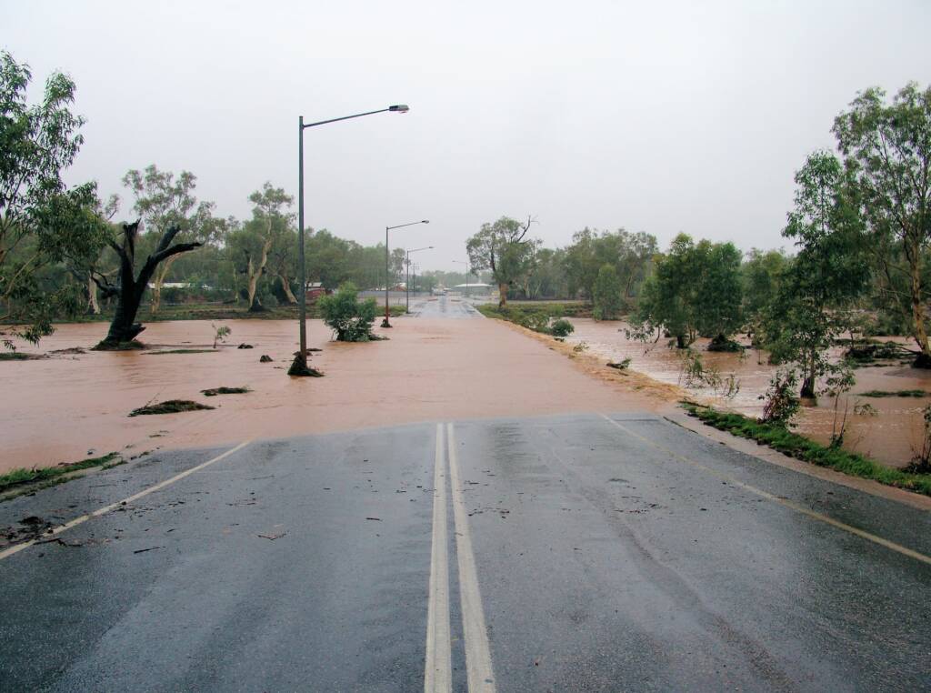 2007 view of the Todd River (east) across Palm Circuit, Alice Springs with the dead tree on the left.