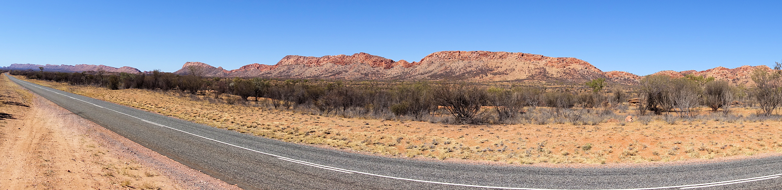 Looking south-east along Larapinta Drive and the West MacDonnell Ranges, NT