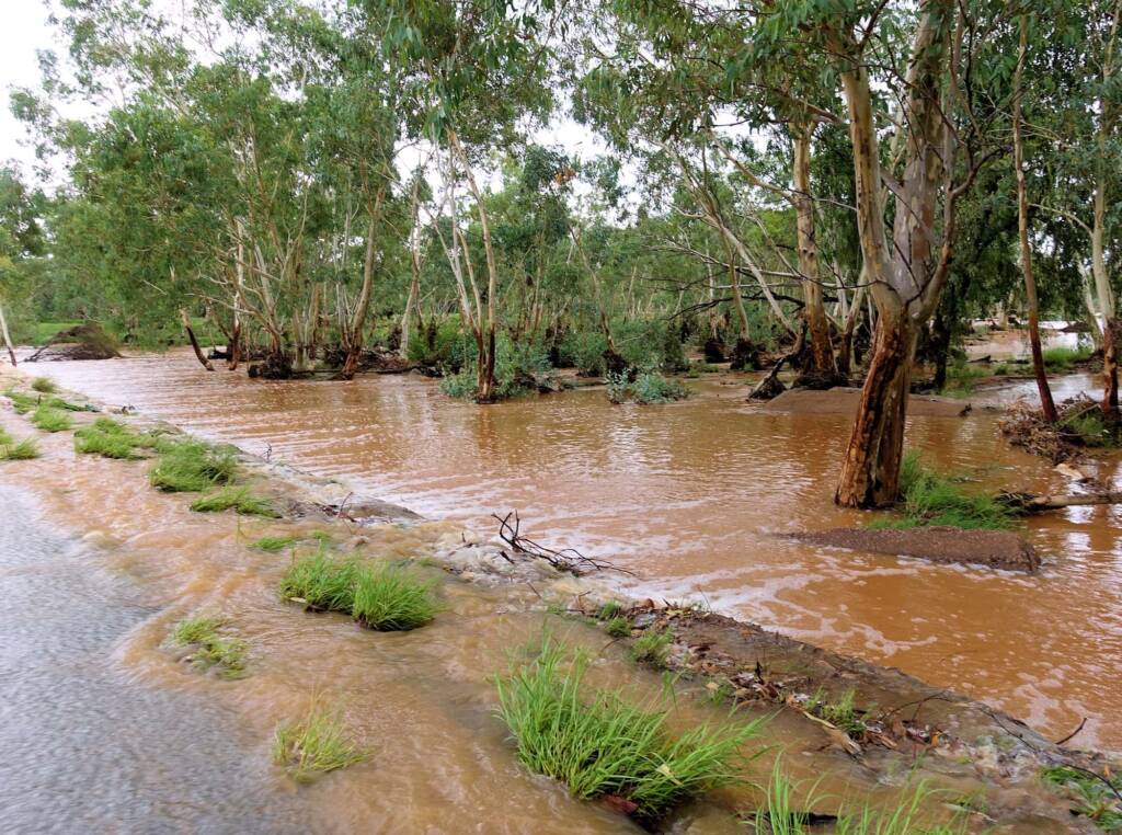 Todd River flowing across Palm Circuit, Alice Springs, NT
