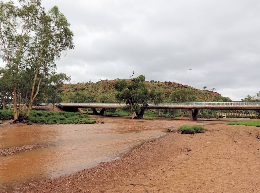 Looking south down Todd River at Stott Terrace Bridge, Alice Springs, NT