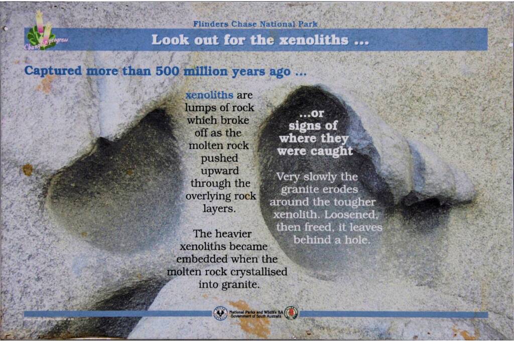 Park signage: Look out for the xenoliths, National Parks and Wildlife SA, Government of South Australia