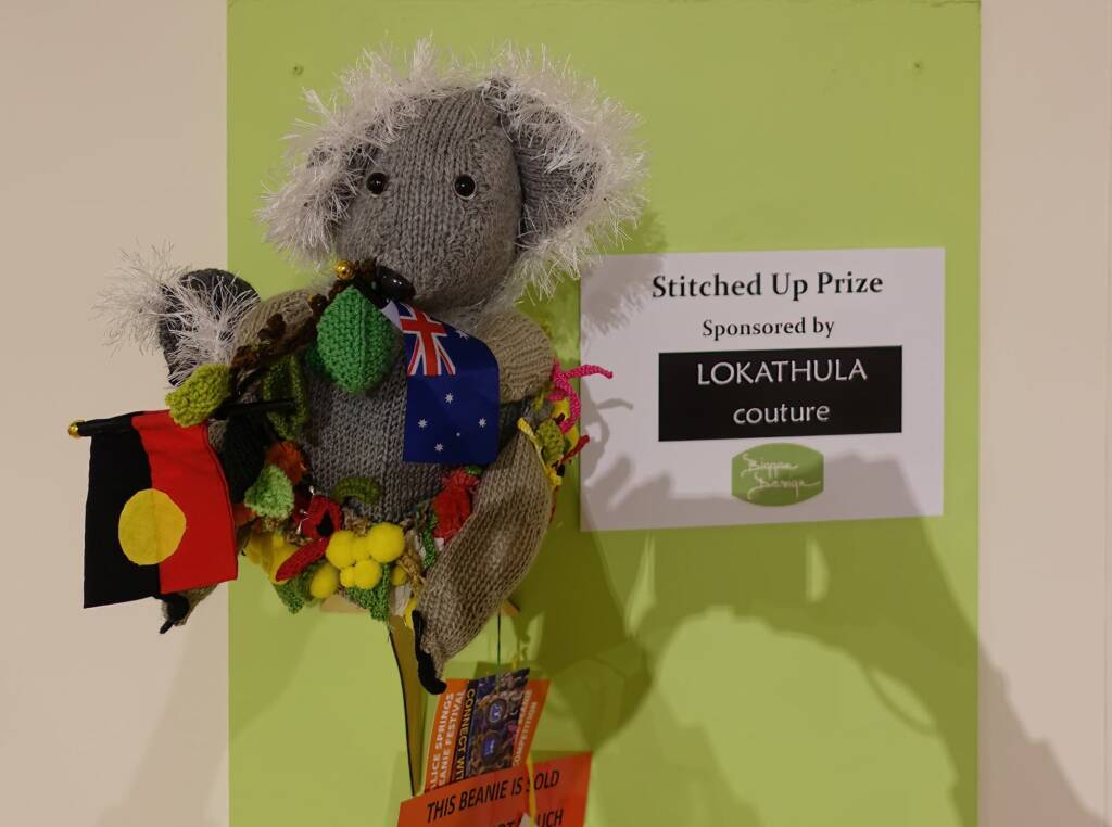 “Koala” & Baby by Beryl Hayes, Stitched Up category - 2022 Alice Springs Beanie Festival