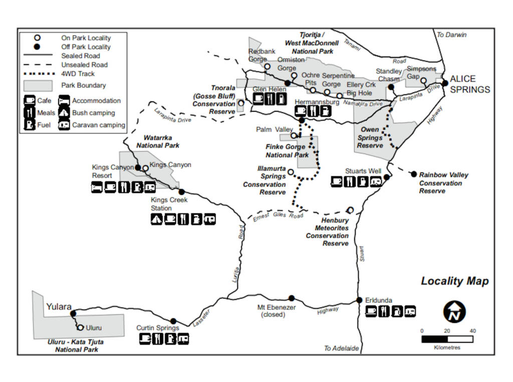Locality map of Watarrka National Park, Finke Gorge National Park and Owen Springs Reserve and surrounds