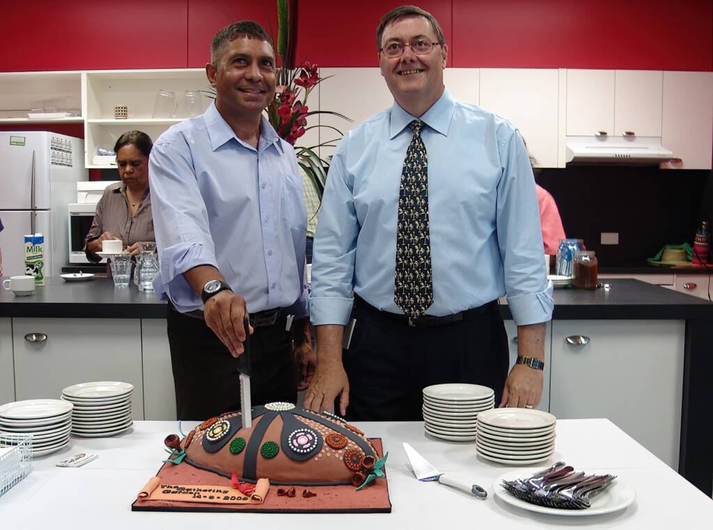 Minister for Central Australia Karl Hampton and Alice Springs Mayor Damien Ryan (cake creation by Alice Springs The Cup Cake Store)