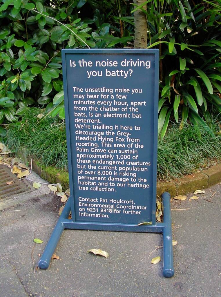 Signage about deterrent of the Grey-headed Flying Fox (Pteropus poliocephalus), Royal Botanic Garden Sydney NSW