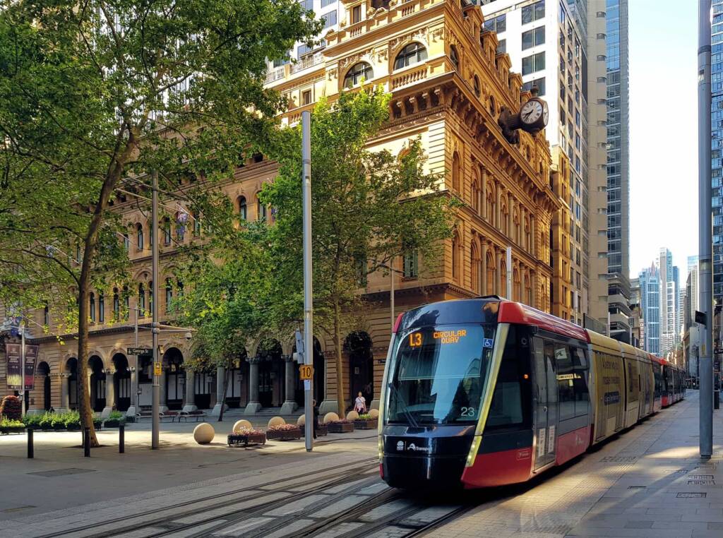 Light rail through Sydney CBD, passing Martin Place, Sydney NSW