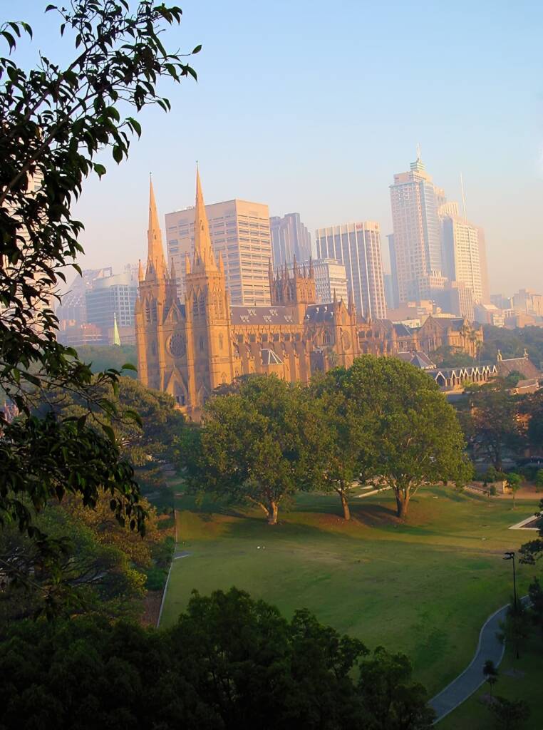 Bush fire smoke blanketing St Mary's Cathedral and Sydney NSW