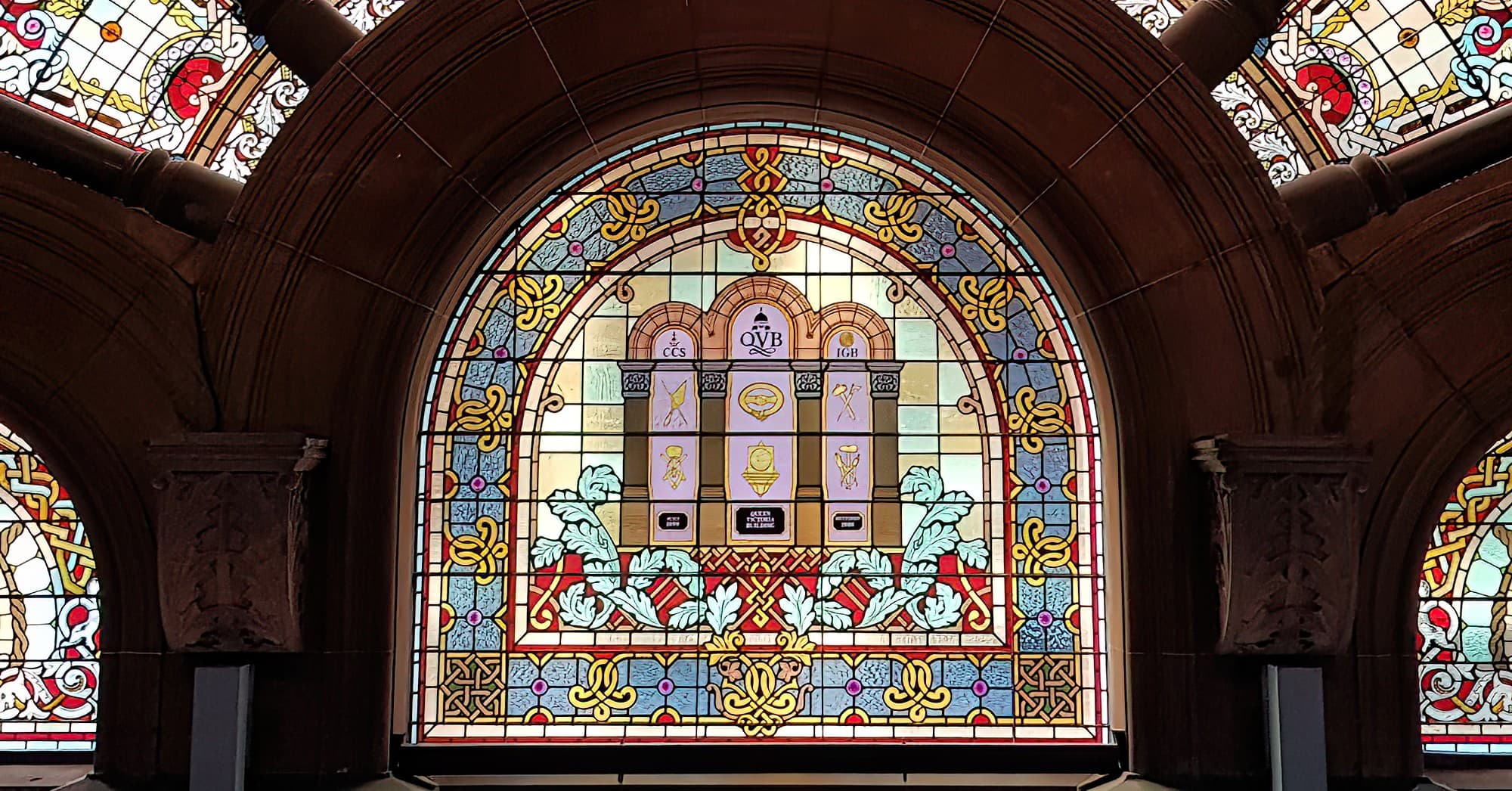 Central stained window pane of the Cartwheel Window, Queen Victoria Building, Sydney NSW