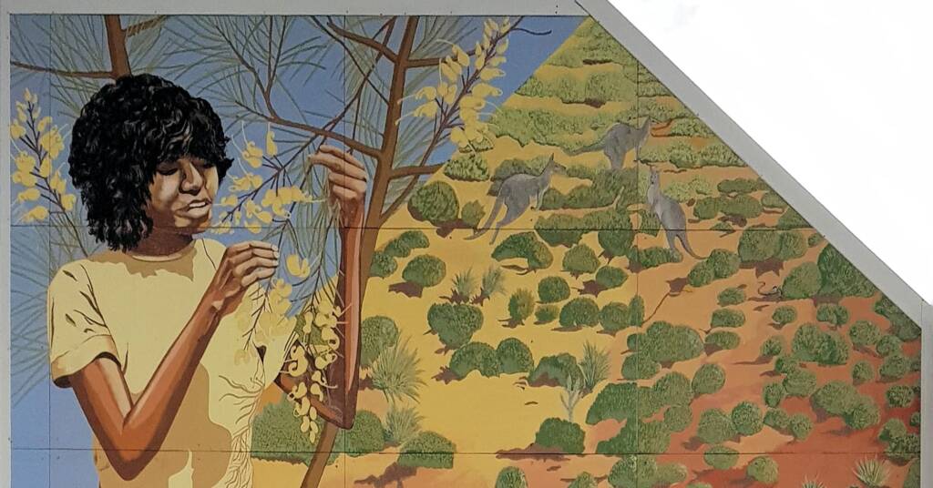 Aknganentye Groceries 1987, artists Gabriella Wallace, Carol Ruff, Shawn Doson, Jenny Green, Theresa Ryder (funded by the Aboriginal Development Commission)