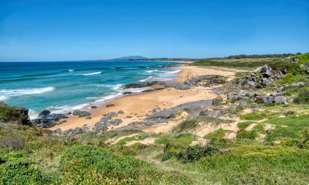 Bingi Beach and part of the Bingi Bingi Walking Track with Gulaga/Mount Dromedary in the background © Phil Warburton