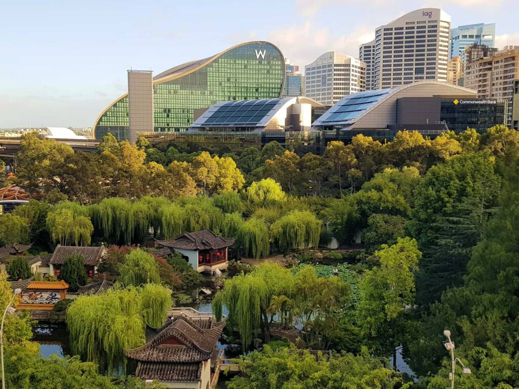 Skyline and view over Chinese Garden of Friendship, Darling Square, NSW