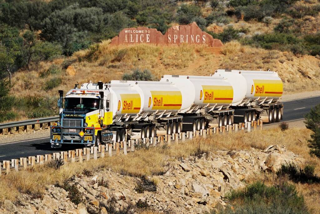 Shell Petrol Tanker Road Train leaving Alice Springs, Central Australia © Hans Boessum