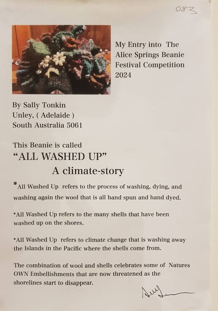 "All Washed Up" A climate-story by Sally Tonkin, Adelaide SA - Alice Springs Beanie Festival 2024