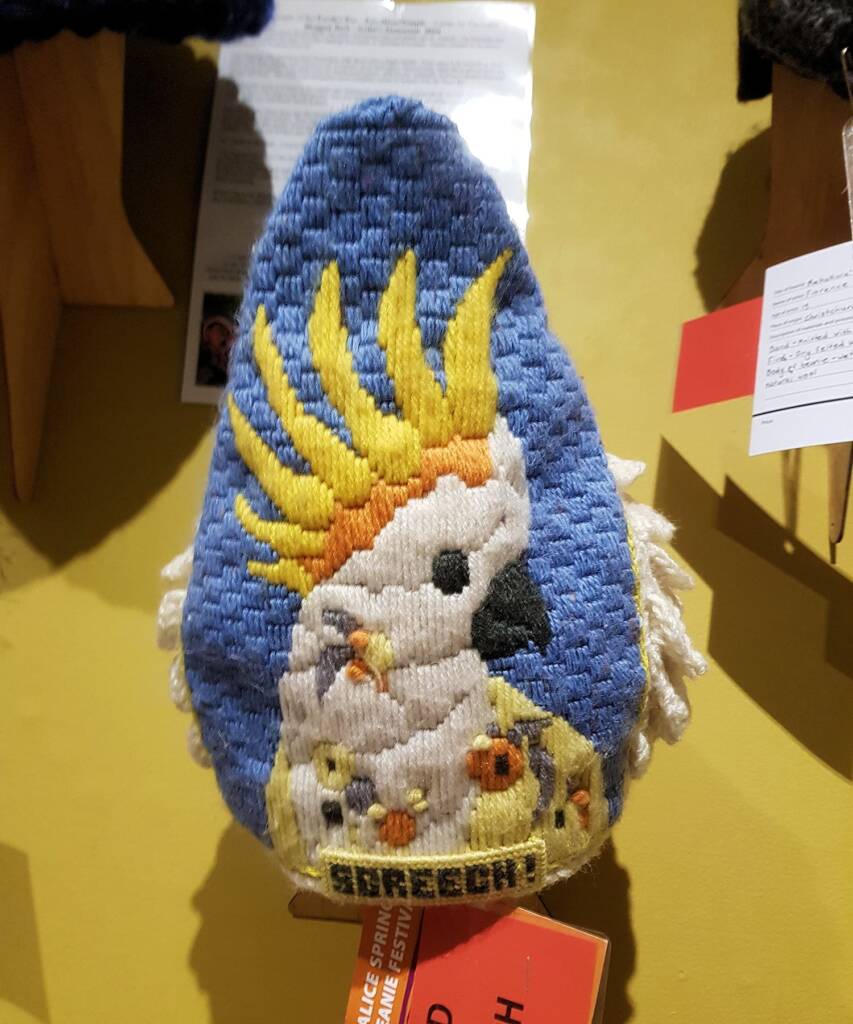 "Hello Cocky!", by Debbie Petersen, Tantawangalo Candelo NSW - Alice Springs Beanie Festival 2024