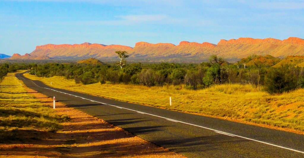 Looking south-east along Larapinta Drive and the West MacDonnell Ranges NT