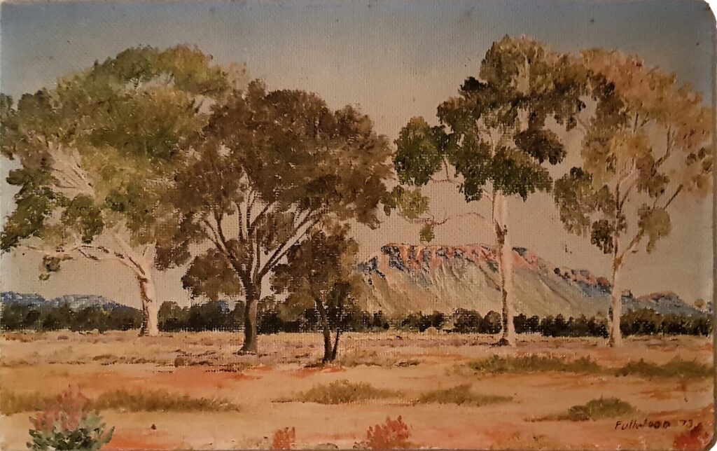 Landscape of West MacDonnell Ranges and twin ghost gums, 1973 by artist Fullwood