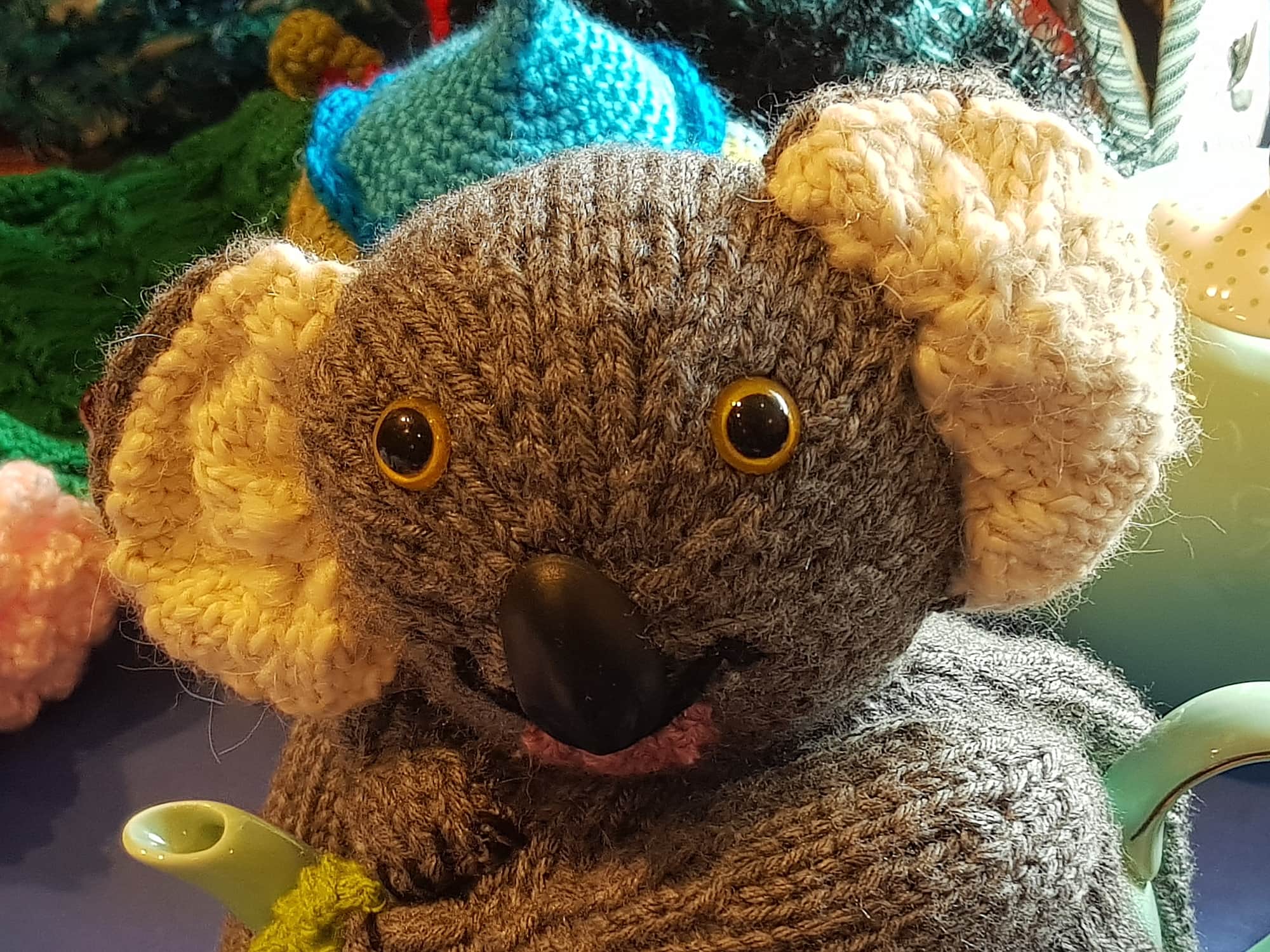 Kenny Koala (tea cosy) by Ros Aitchison, Brisbane QLD, Alice Springs Beanie Festival 2025