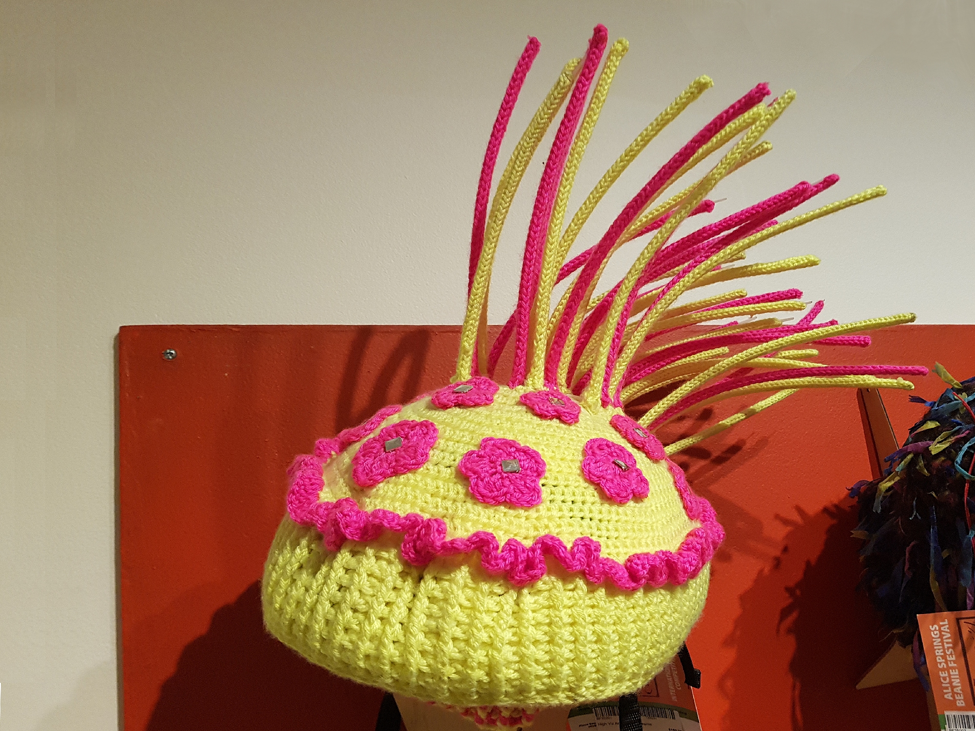 Hi Viz, Anti Magpie Beanie Bike Helmet by Debbie Petersen, Tantawangalo Candelo NSW - Alice Springs Beanie Festival 2024