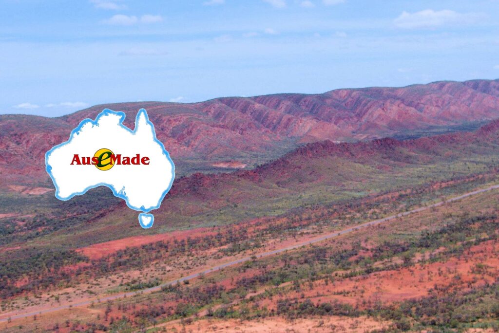 AusEmade Map Logo - view over West MacDonnell Ranges NT (2000)
