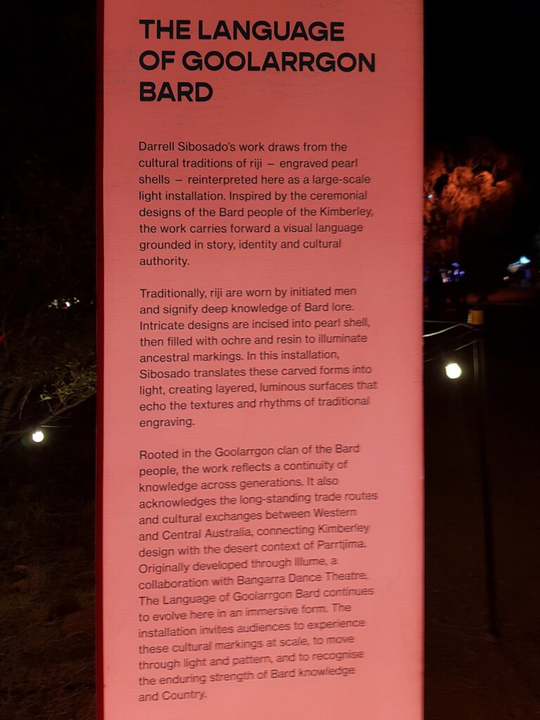The Language of Goolarrgon Bard, Parrtjima 2026, Alice Springs NT