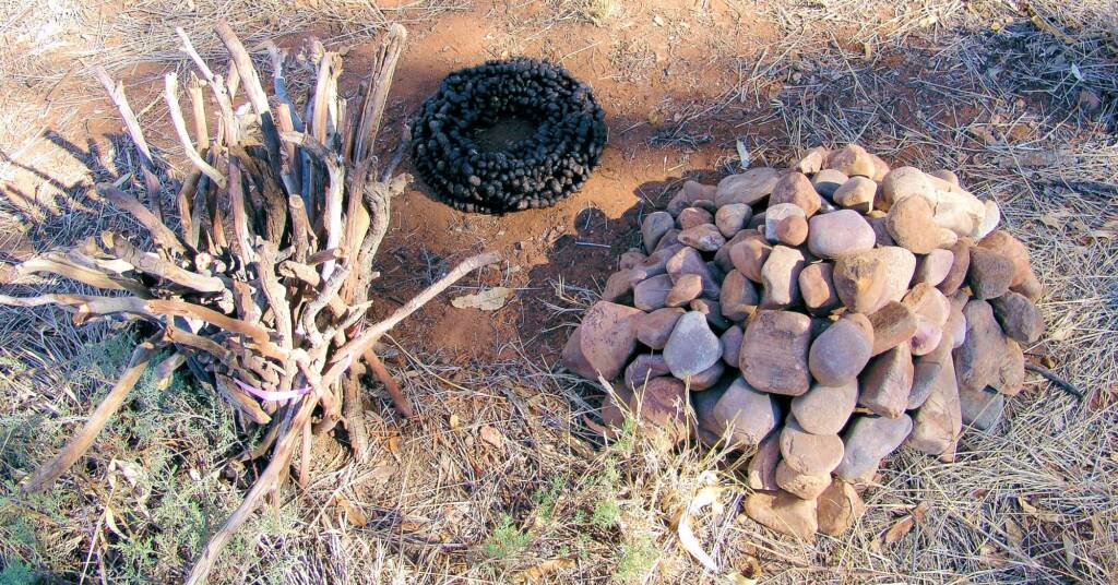 A Pile of Stones, A Bundle of Sticks & Black Gold, Artist Sue Taylor - (stones, sticks, roo poo and string)