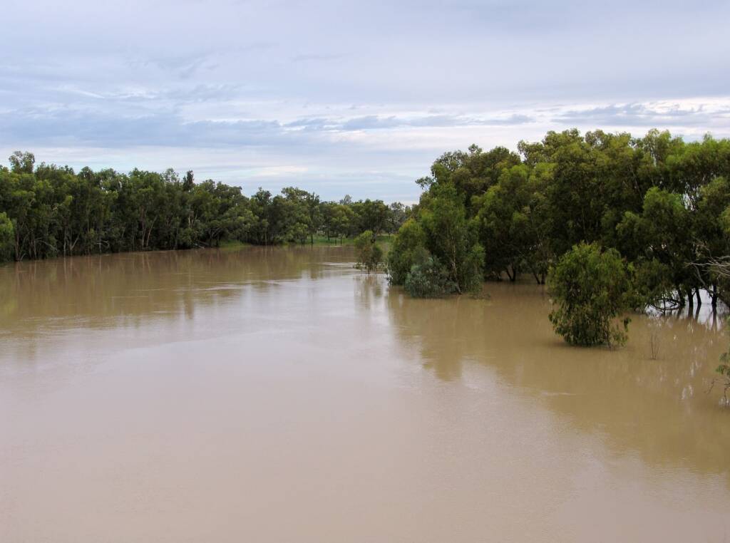 View looking north up the Darling-Baaka River from the North Bourke Bridge.
