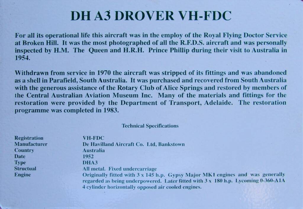 DH A3 Drover VH-FDC signage, Central Australian Aviation Museum, Alice Springs, NT