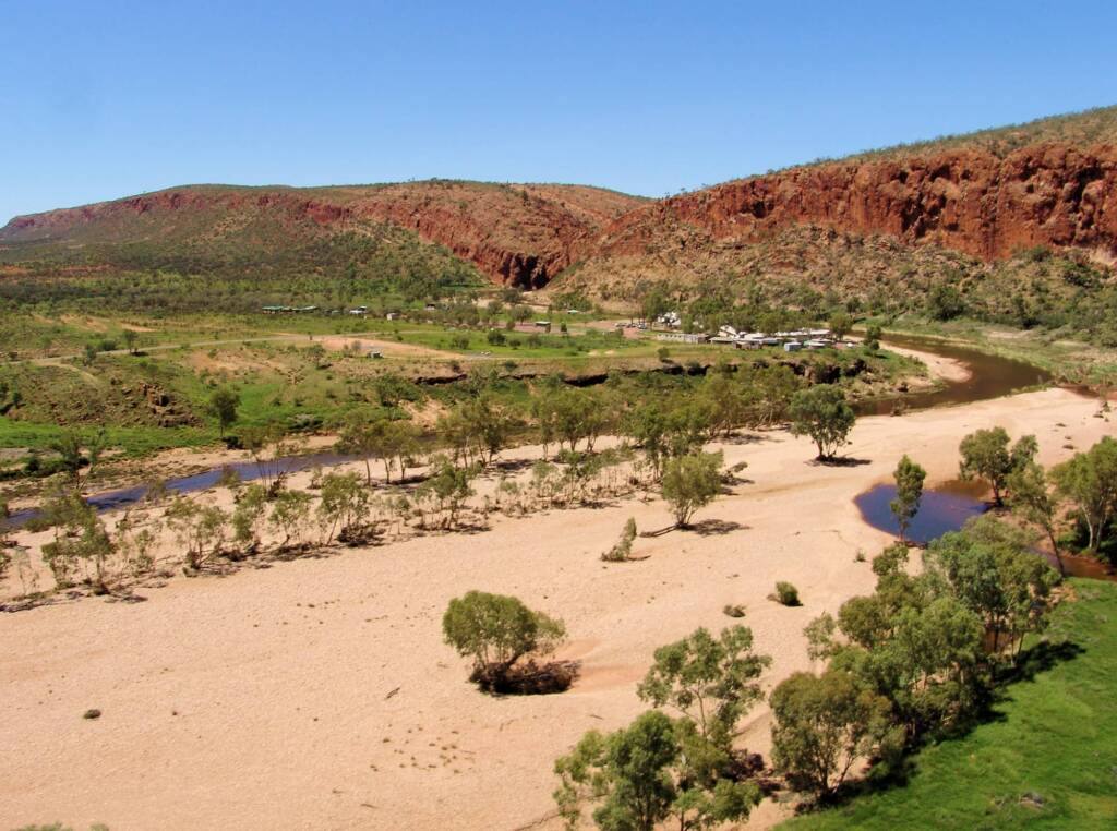 View from helicopter across Finke River to Glen Helen Gorge