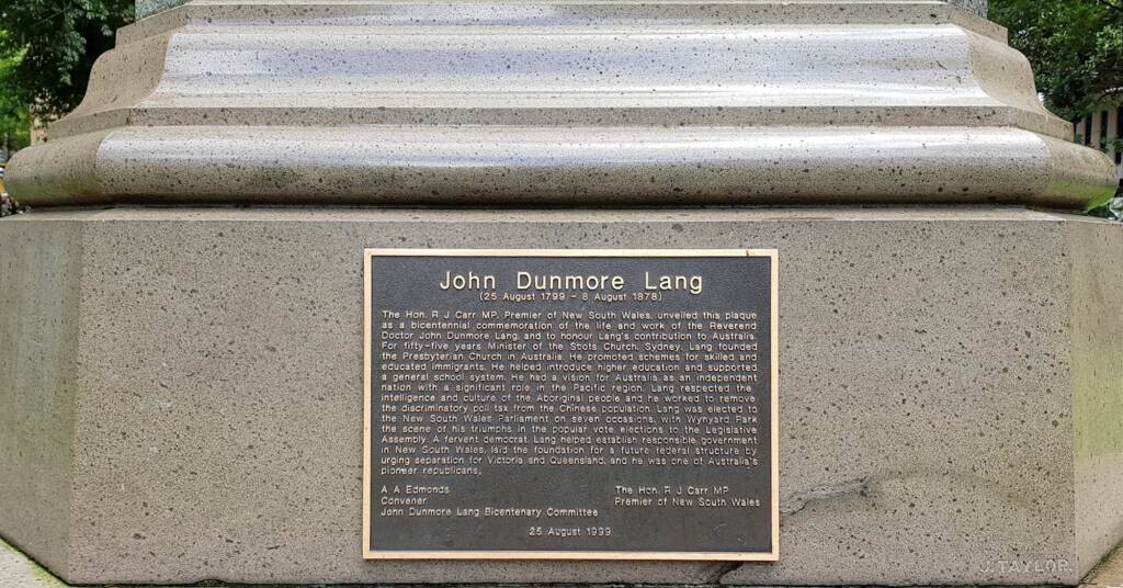 John Dunmore Lang, Wynyard Park, Sydney NSW
