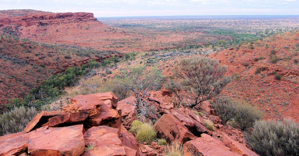 View west over the car park from top of Kings Canyon (Rim Walk), Watarrka National Park