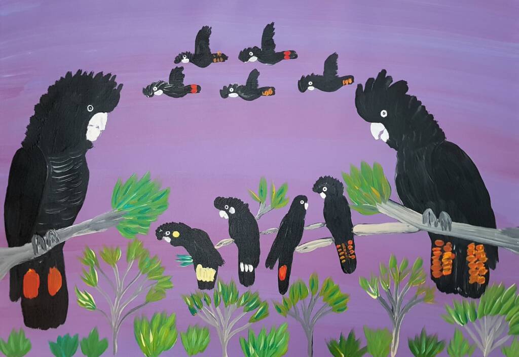 Red-tailed Black Cockatoos, Yellow and White tailed Cockatoo, 2021 by Kukula McDonald