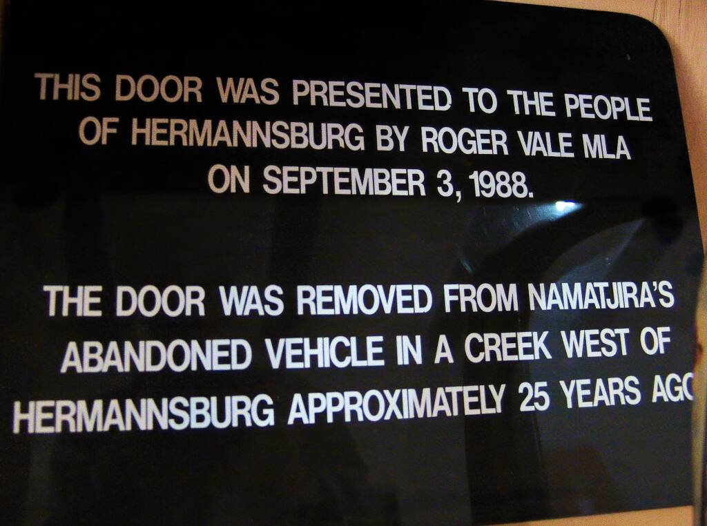 Door from Namatjira's abandoned vehicle (present by Roger Vale MLA, 3 Sep 1988) - Hermannsburg NT