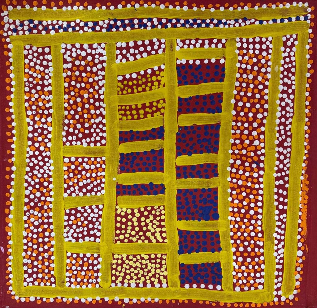 Ngapa Jukurrpa 46x46cm (2091/06SR) by Shorty Jangala Robertson (source Gallery Gondwana)