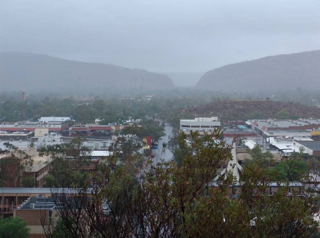 Rain view south over Alice Springs from Anzac Hill, 9 Jan 2010