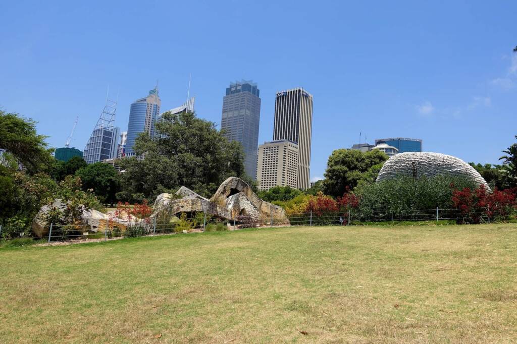 Royal Botanic Garden with Sydney skyline and sculpture Wurrungwuri (This Side Of The Water) by Chris Booth 2011