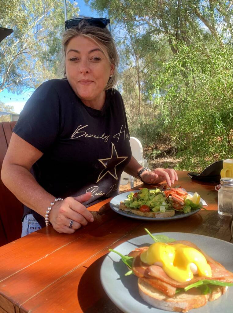 Enjoying a meal at the Bean Tree Cafe in the Olive Pink Botanic Garden, Alice Springs