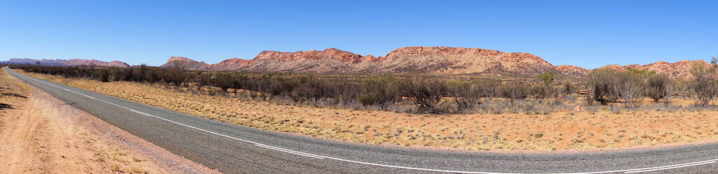 Looking south-east along Larapinta Drive and the West MacDonnell Ranges, NT